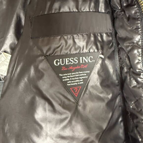 GUESS Women's L Long Quilted Jacket with Faux-Fur Hood Dark Deep Olive Winter - Picture 6 of 12